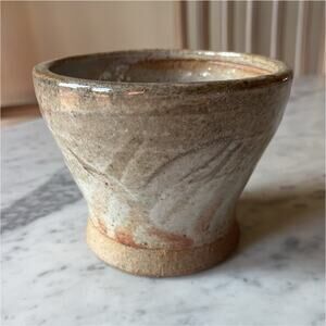 Handmade Stoneware Art Pottery Bowl Pot Beige Brown Glossy Round